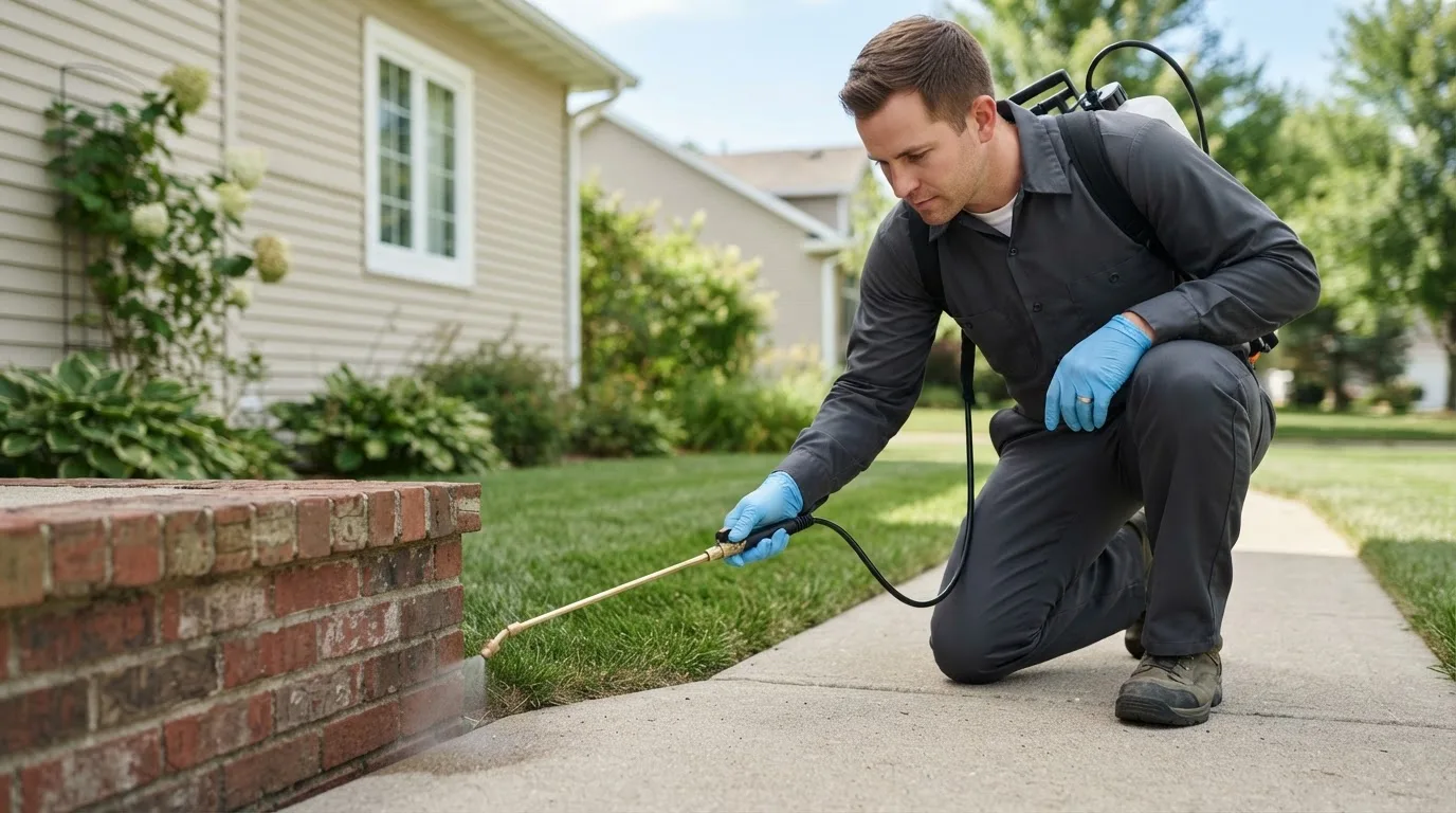 Pest control technician treating a home near West Friendship, MD